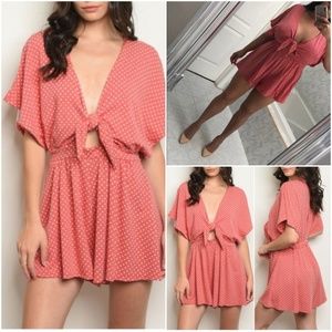 RED & WHITE TIE FRONT DOTTED ROMPER